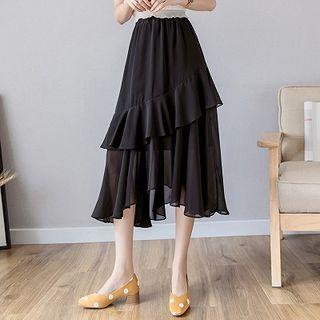 A-line Asymmetric Frill Trim Midi Chiffon Skirt