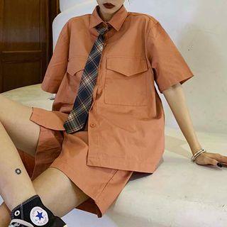 Set: Neck Tie Short-sleeve Shirt + Shorts