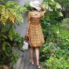 Square-neck A-line Checked Dress