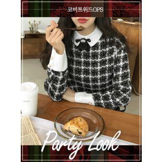 Contrast-collar Tweed Dress With Brooch