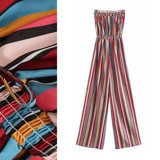 Striped Strapless Straight-cut Jumpsuit