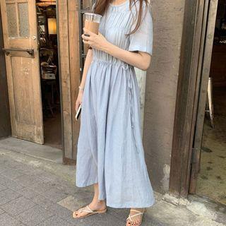 Short-sleeve Shirred Drawstring Midi A-line Dress Sky Blue - One Size