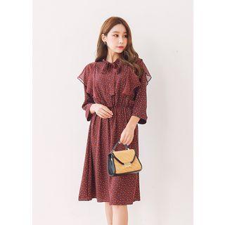 3/4-sleeve Tie-front Ruffled Pattern Midi Dress