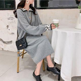 Leopard Print Paneled Placket Midi Knit Dress