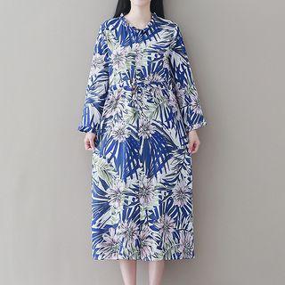 Printed Drawstring Waist Long Sleeve Midi Dress