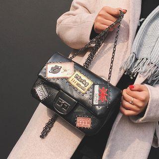 Patch Embroidered Chain Strap Shoulder Bag