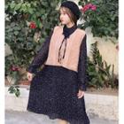 Floral Long-sleeve Midi Dress / Button Knit Vest