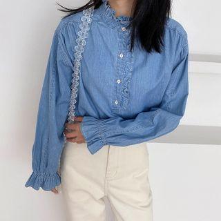 Long-sleeve Ruffled Denim Top Light Blue - One Size
