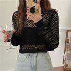 Long-sleeve Round-neck Pointelle Top