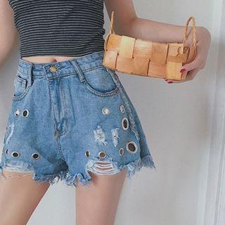 Ring-accent Loose-fit Denim Shorts
