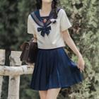 Set: Sailor Collar Cropped Blouse + Pleated Mini A-line Skirt
