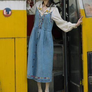 Floral Embroidered Blouse / Midi Denim Jumper Dress