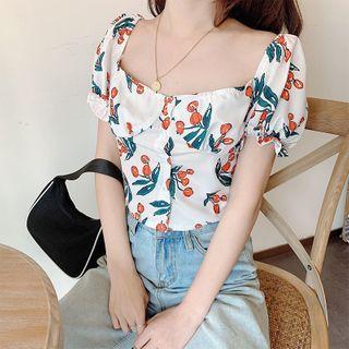Printed Short-sleeve Square-neck Cropped Blouse