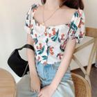 Printed Short-sleeve Square-neck Cropped Blouse