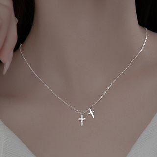Cross Rhinestone Pendant Sterling Silver Necklace Silver - One Size