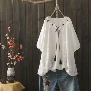 Elbow-sleeve Floral Embroidered Tie-neck Blouse White - One Size