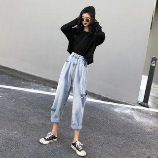 Set: Long Sleeve Plain T-shirt + High Waist Ripped Jeans