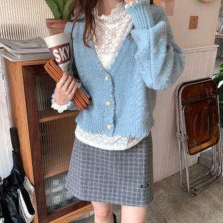 Plain V-neck Perforated Cardigan / Mock-neck Ruffle Trim Lace Top