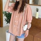 Short-sleeve Double-breasted Blouse Tangerine - One Size