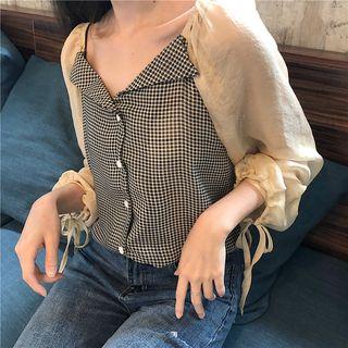 Mock Two Piece Drawstring Plaid Blouse