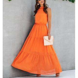 Plain Halter-neck Maxi A-line Dress