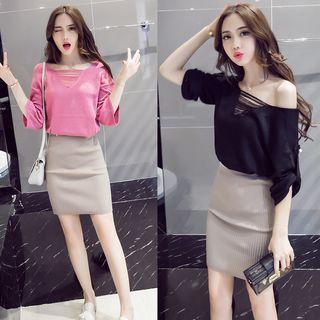Elbow-sleeve Blouse / Knit Mini Skirt