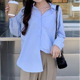 Long-sleeve Slit-back Plain Shirt