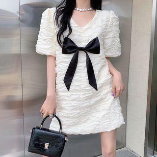 Short-sleeve V-neck Bow A-line Dress Almond - One Size