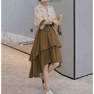 Elbow-sleeve Contrast Trim Asymmetrical Hem Dress