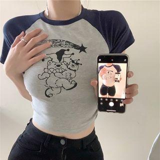 Short-sleeve Color Block Bear Print Cropped Top