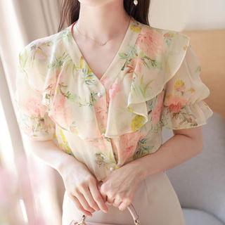 V-neck Ruffle-trim Floral Blouse
