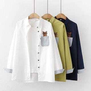 Long-sleeve Cat Embroidery Paneled Shirt