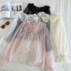 Plain Peter-pan Collar Flare-sleeve Mesh Top