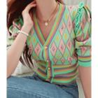 Elbow-sleeve Frill-trim Patterned Cardigan Mint Green - One Size