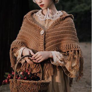 Hooded Fringed Hem Knit Shawl Coffee - One Size