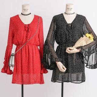 Tie-neckline Dotted Chiffon Dress
