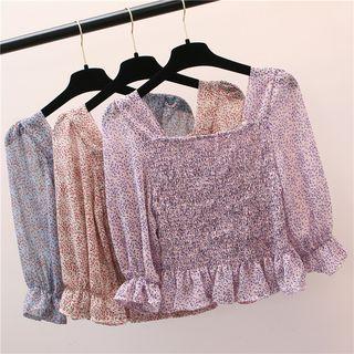 3/4-sleeve Floral Chiffon Cropped Top