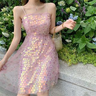 Spaghetti Strap Sequined Mesh Mini A-line Dress
