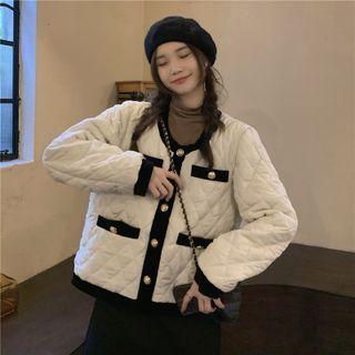 Round-neck Two Tone Button-up Cardigan Almond - One Size