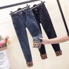 Leopard Print Panel Cropped Skinny Jeans
