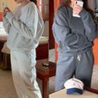 Long-sleeve Plain Sweatshirt / High-waist Drawstring Sweatpants