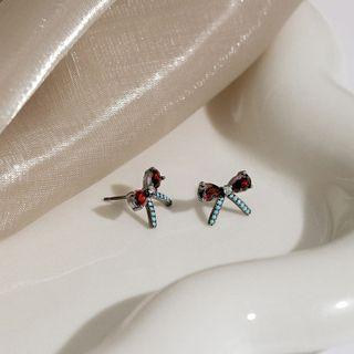 Bow Rhinestone Sterling Silver Earring 1 Pair - Red & Blue & Silver - One Size