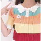 Striped Short-sleeve Knit Polo Shirt As Shown In Figure - One Size