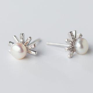 S925 Silver Rhinestone And Faux-pearl Flower Stud Earrings