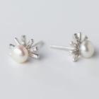 S925 Silver Rhinestone And Faux-pearl Flower Stud Earrings