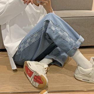 Plaid Trim Shift Denim Pants