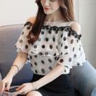 Dotted Cold-shoulder Chiffon Blouse