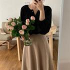 Puff-sleeve Plain Blouse / High-waist A-line Skirt