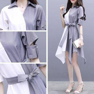 Short-sleeve Striped Panel Asymmetrical Mini Shirt Dress