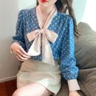 Long-sleeve Bow Dotted Chiffon Blouse
